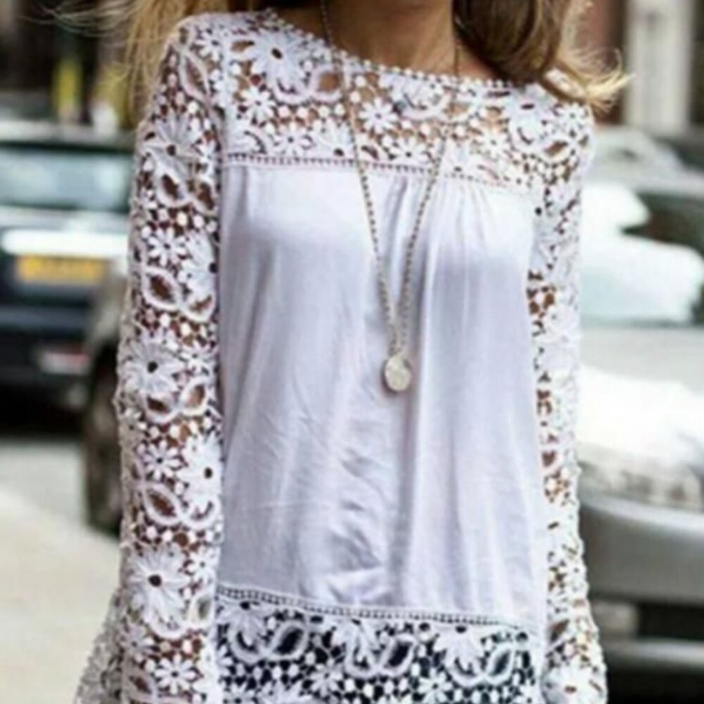 Boho White Long Sleeve Crochet Floral Lace & Sheer Fabric Blouse